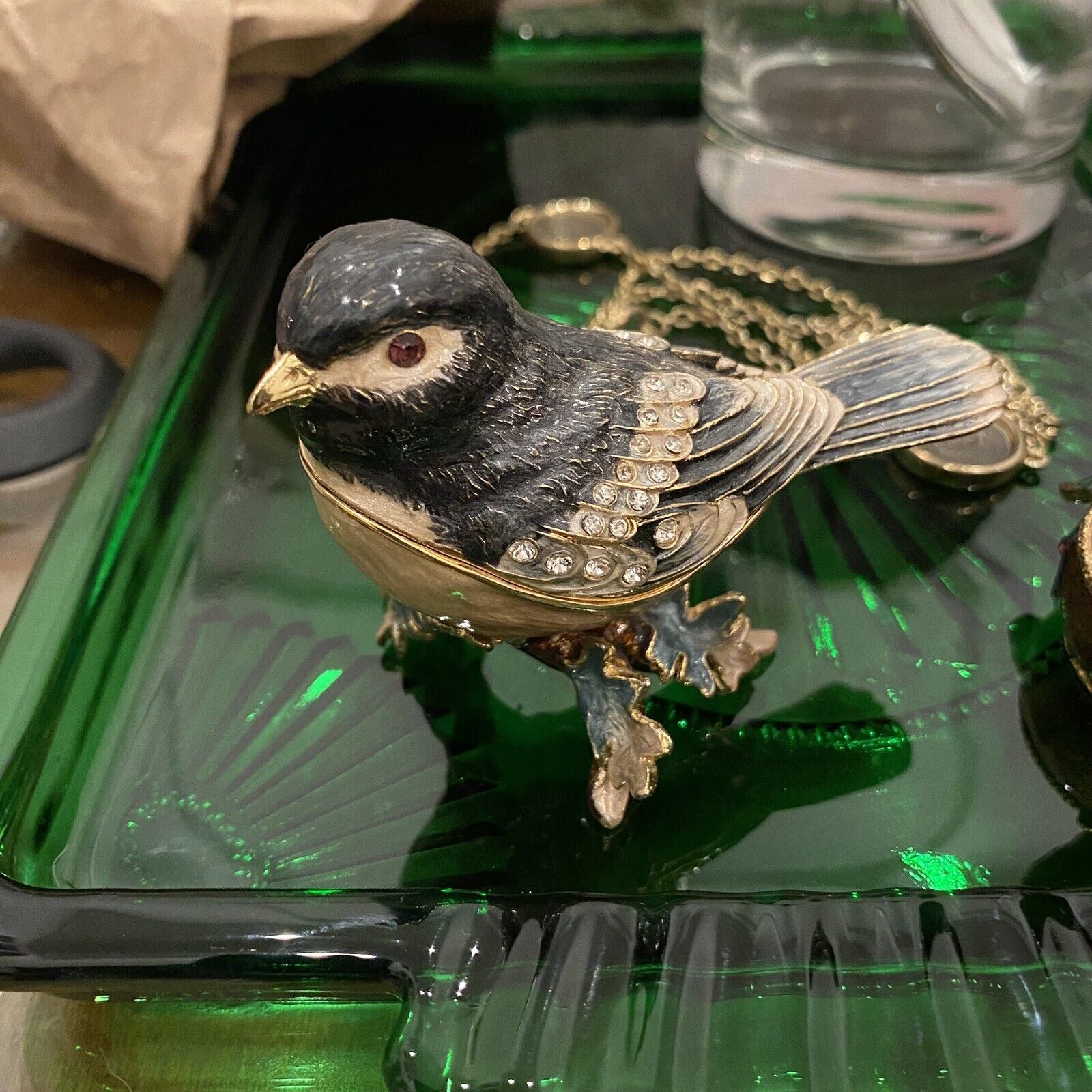 Tit Bird Bejeweled Enameled Metal Trinket Jewlery Holder