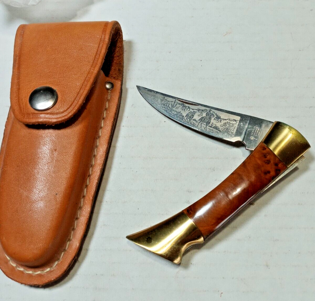 Boker Pocket Knife etched blade western scene with case  4\