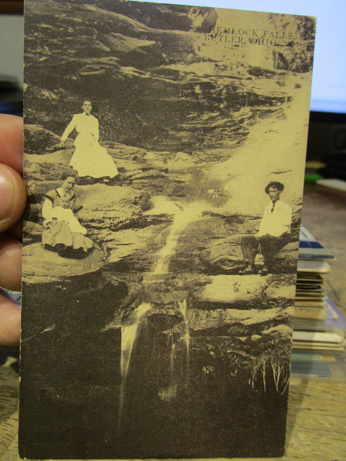 G2 Old OHIO Postcard BUTLER Hemlock Falls Richland County Family Picnic Spot Man