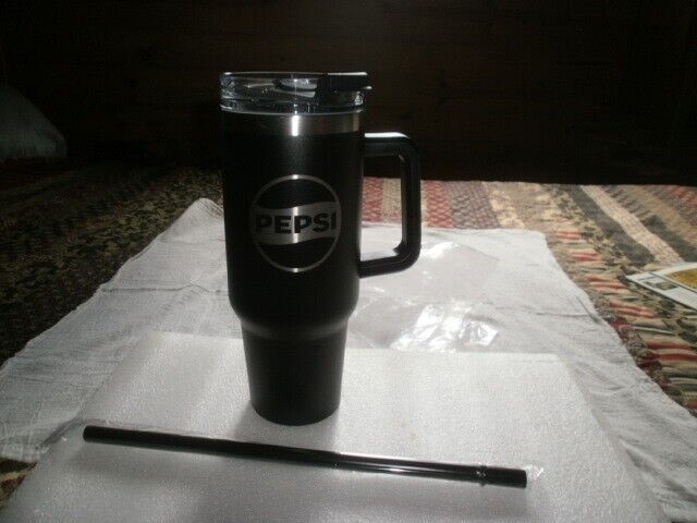 Large 40oz Pepsi Insulated Black Mug With Handle & Straw, NO BOX, NEW 