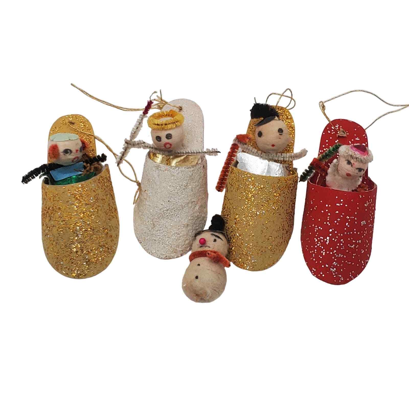 4 Vtg Spun Cotton Face Santa Snowman In Slipper Christmas Ornaments Japan