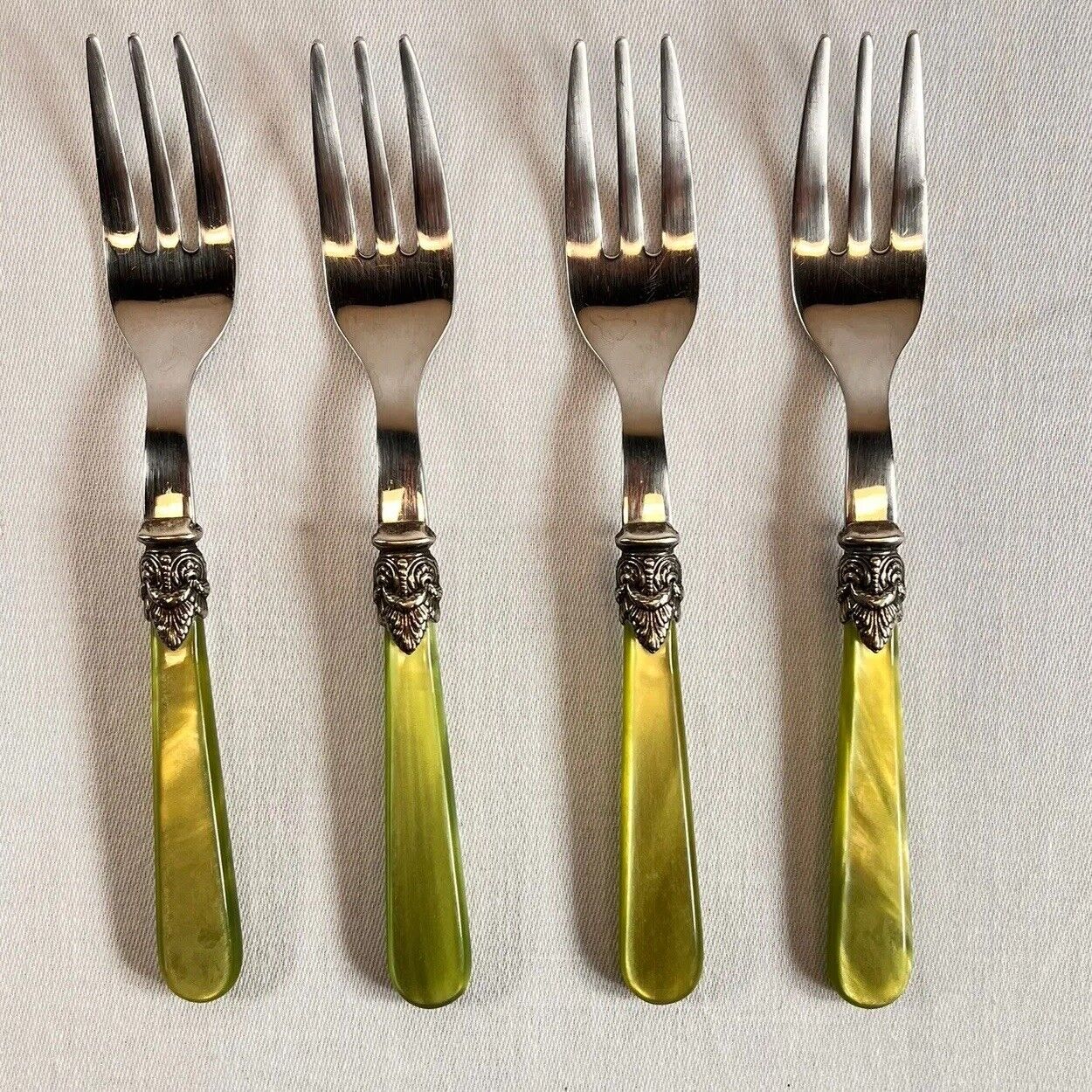 4 Eme Inox Cocktail Seafood Forks Italy 18/10 Napoleon Pearl Green Handle 6\