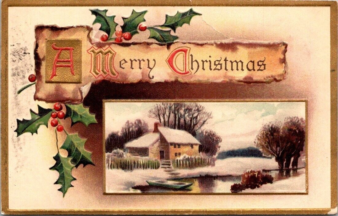 Merry Christmas Antique Postcard C. 1900\'s Divided Back Posted Gold Tone A77