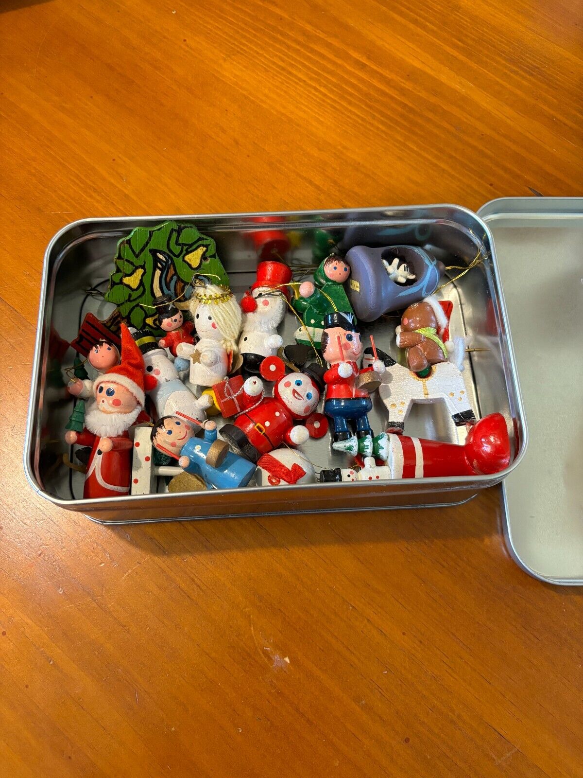 Vintage Wooden Christmas Ornaments Tin Box Full Rare and Unique