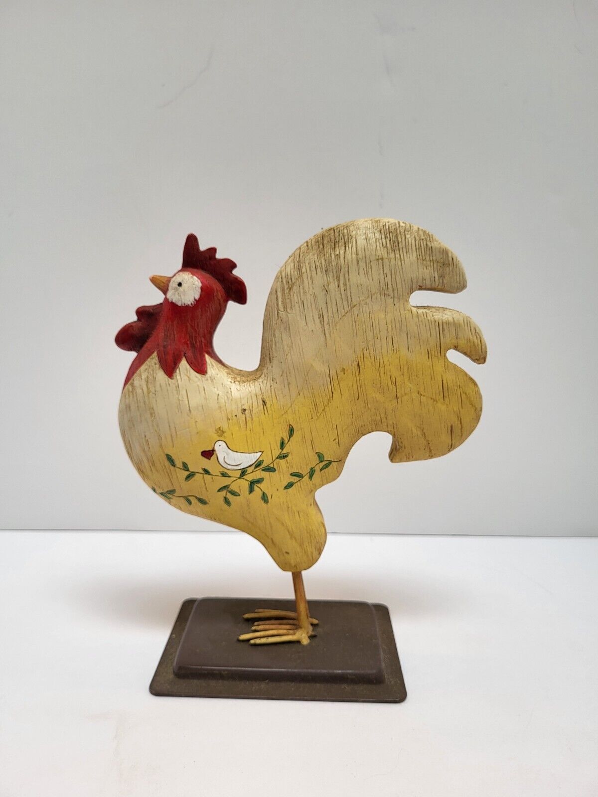 Vintage Hand Painted Folk Art Rooster Ceramic on Metal Stand Statue