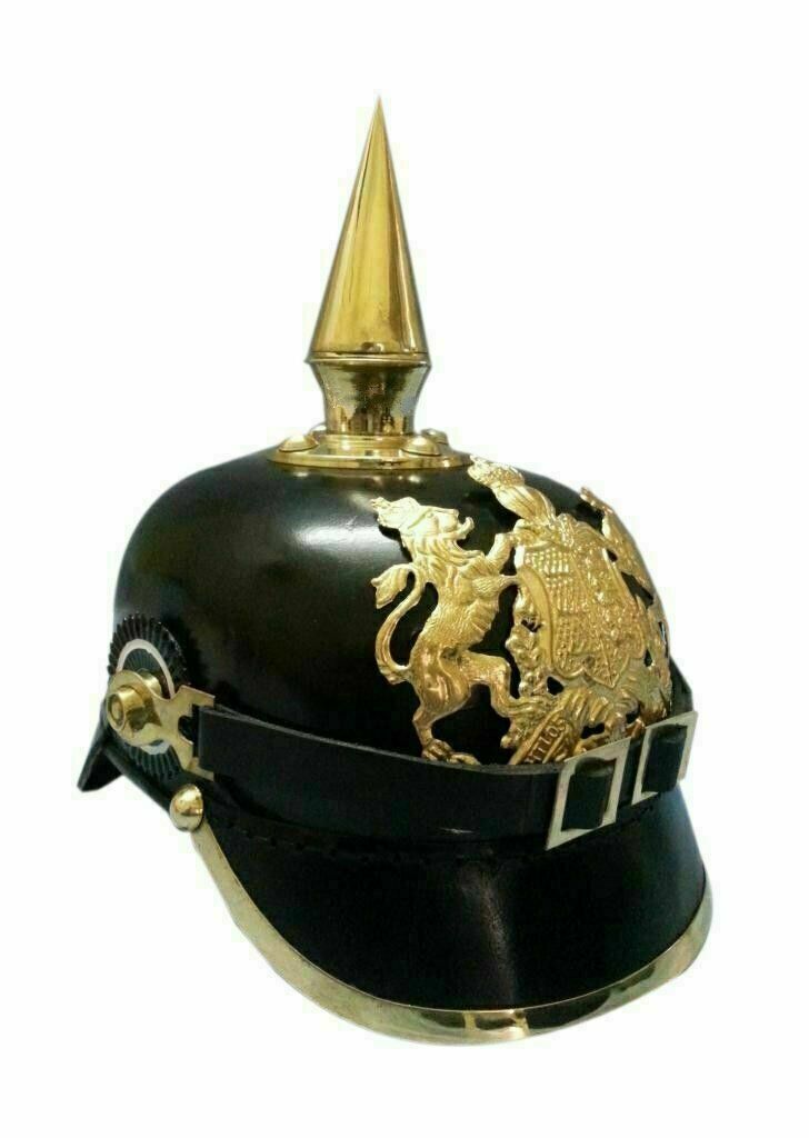 DGH® German Pickelhaube Leather Helmet Bavarian Black Leather & Brass Gift FS
