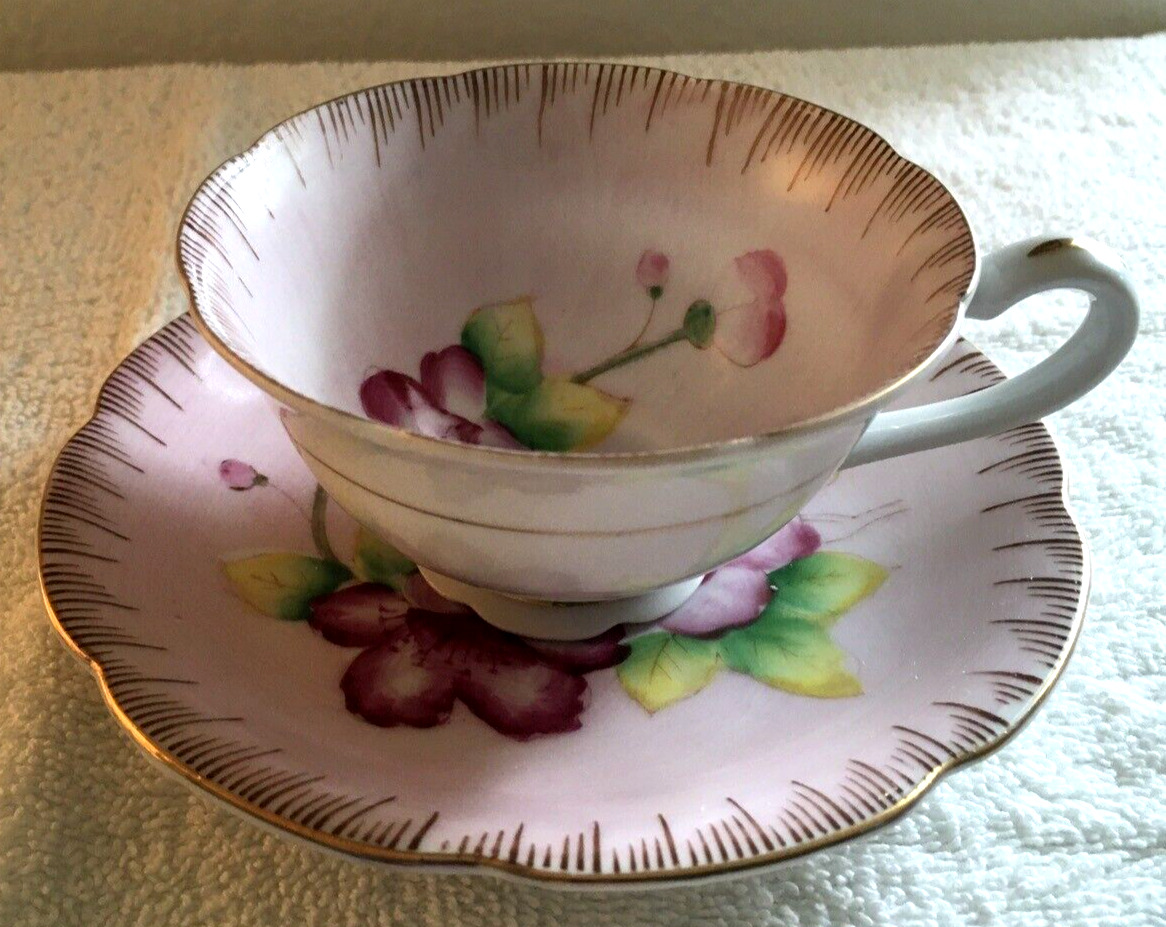 Vintage HRH Hand Painted Pink Floral Tea Cup & Saucer - Made in Japan