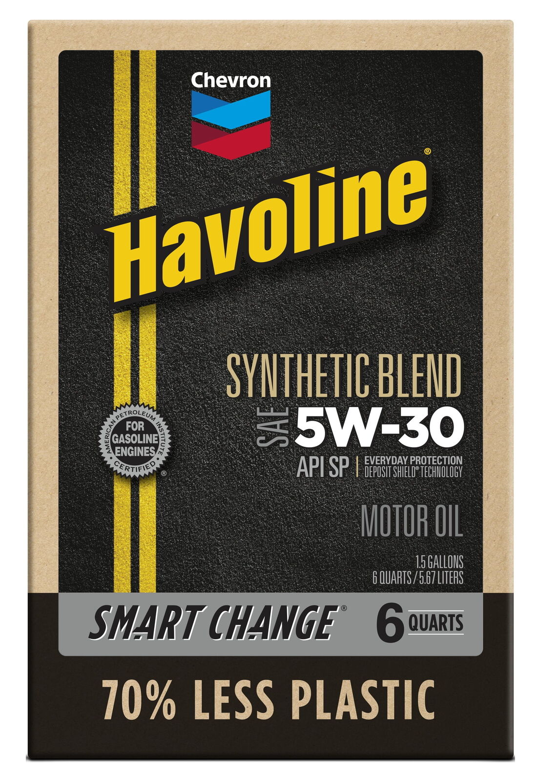 Chevron Havoline Synthetic Blend Motor Oil 5W-30, 6 Quart Smart Change Box，US