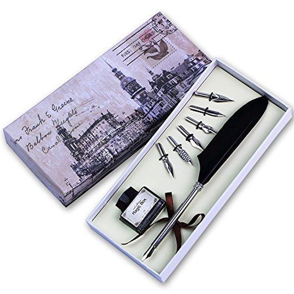 Quill Pen Set with Black Feather Antique Luxury Quill Pen with Ink Jar (No Ink)