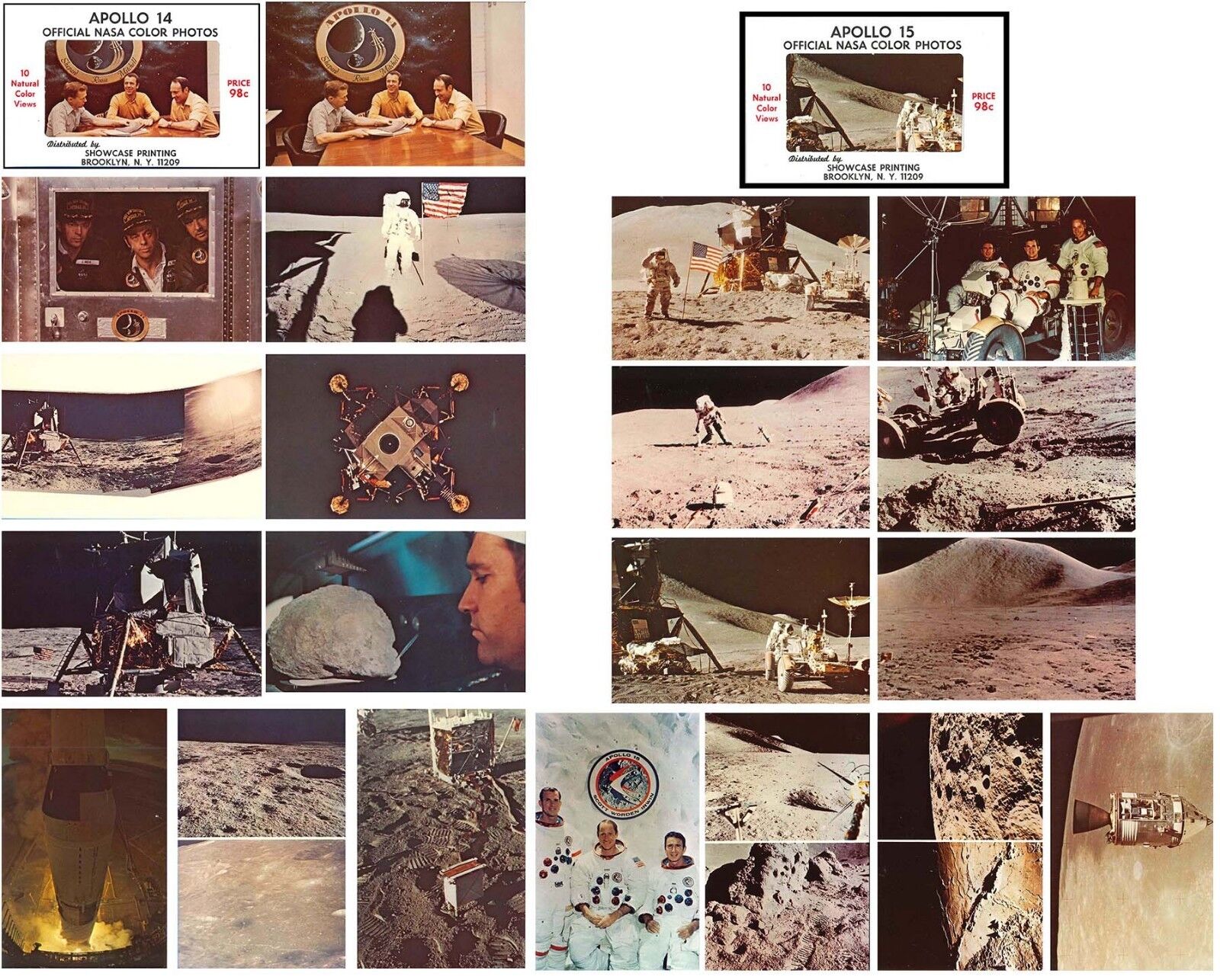 APOLLO 14 & 15 color PHOTO POSTCARD 2 SETS of 10 '71 vtg NASA 20 Postcards Total
