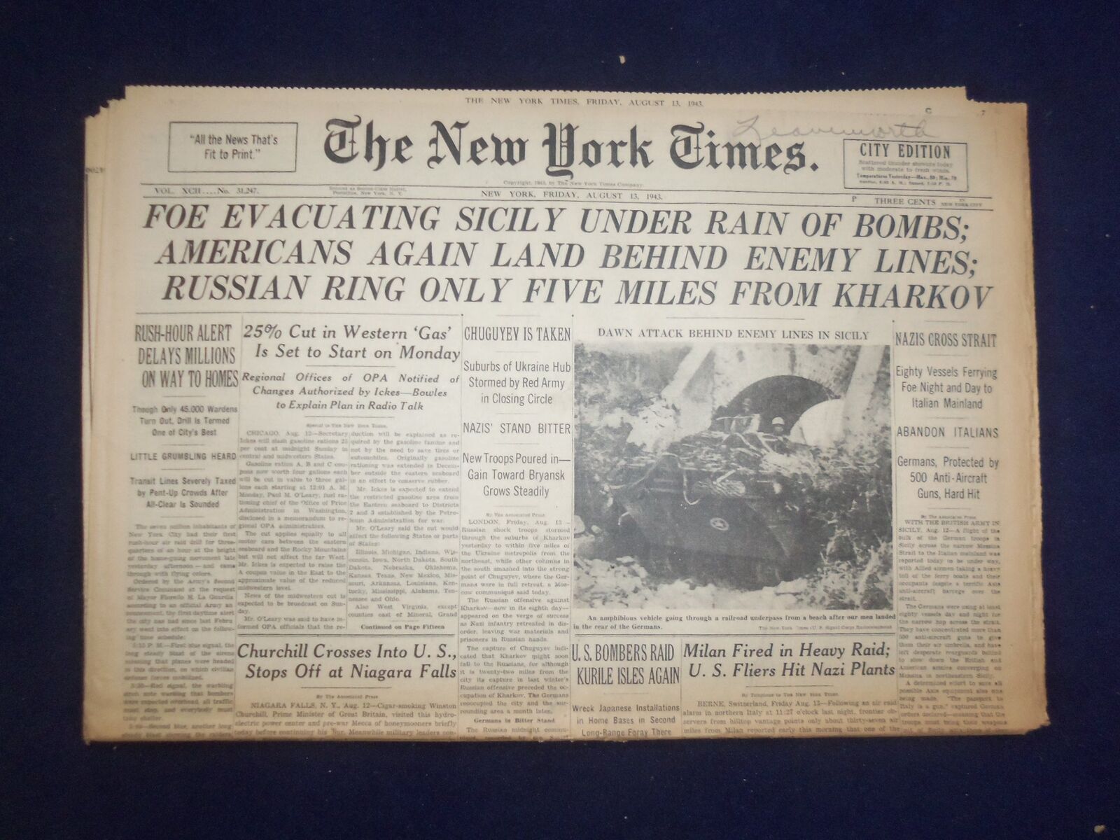 1943 AUG 18 NEW YORK TIMES - FOE EVACUATING SICILY UNDER RAIN OF BOMBS - NP 6549