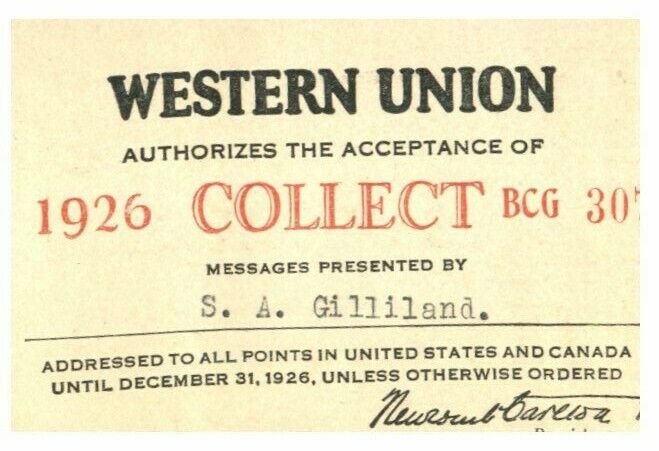 PASS  1926 The Western Union  COLLECT  S.A.  Gilliland
