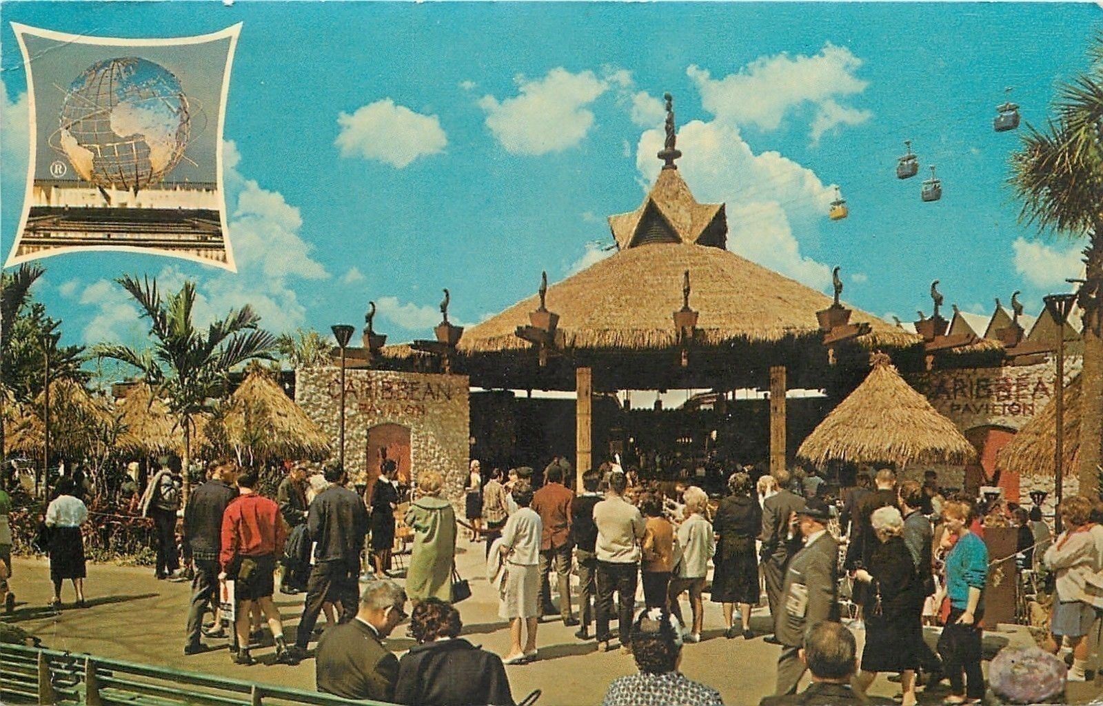 New York City~1964 World\'s Fair~Caribbean Pavilion~Grass Hut Shelters~Crowd