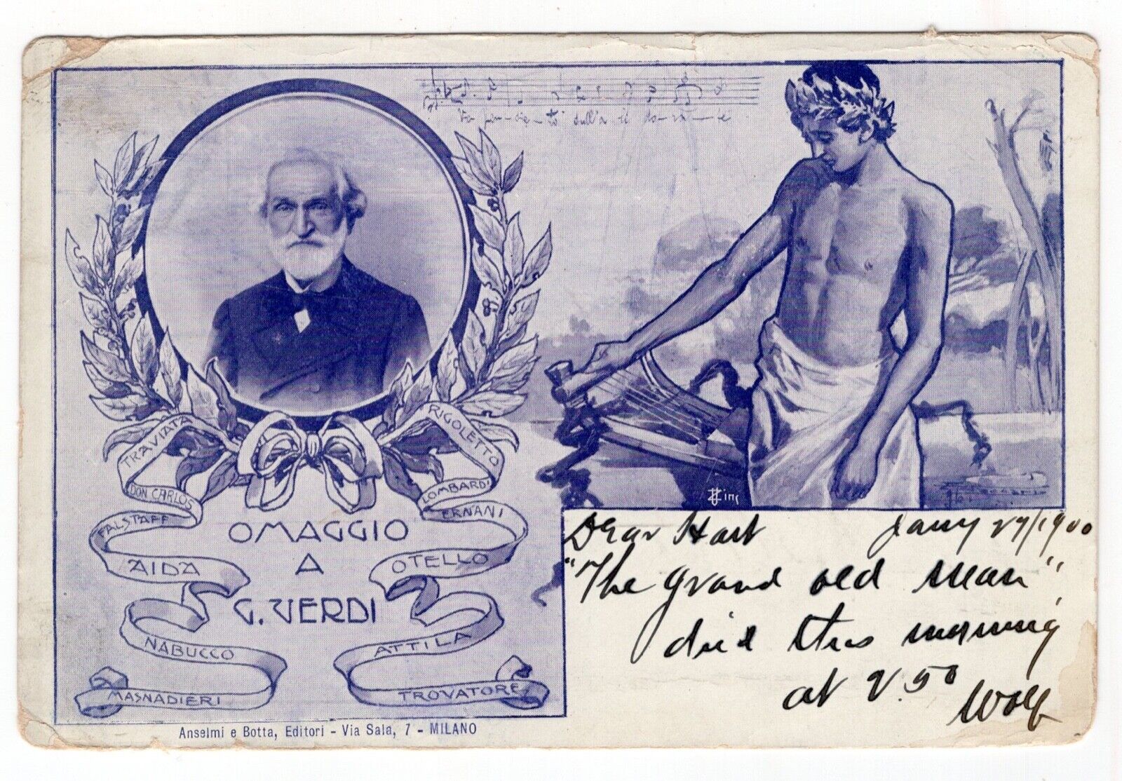 GIUSEPPE VERDI POSTCARD POSTALLY USED THE DAY HE DIED, JANUARY 27th, 1901