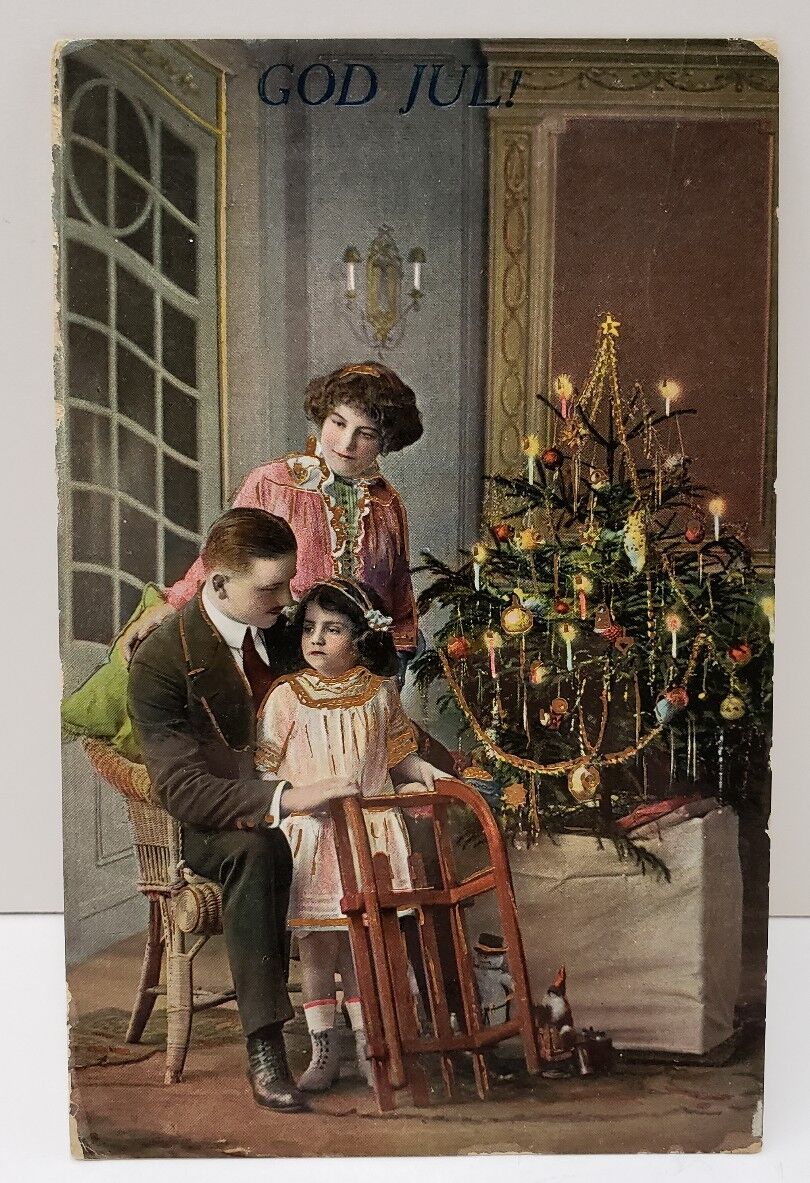 Christmas Greeting God Juli Decorated Tree Sled 1915 Sweden to US Postcard R2 
