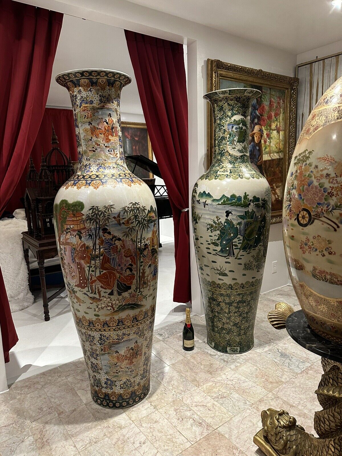 Monumental Pair of Porcelain Urns, Vases, Antique, 7 Feet Hand Painted, RARE