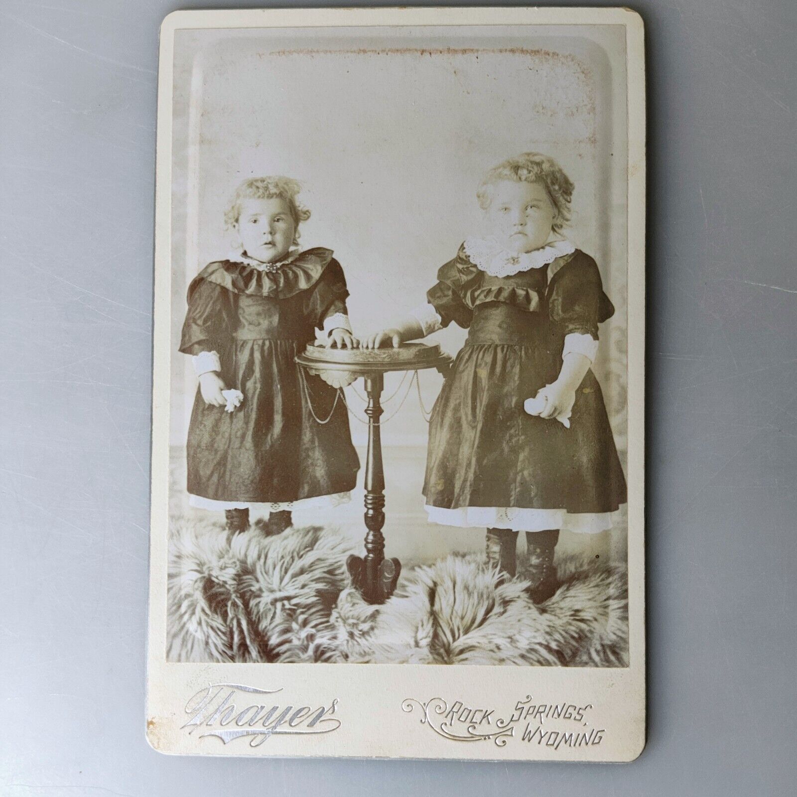Antique 1800s Cabinet Card Photo 2 Young Girls Sisters in Dresses Table Wyoming 
