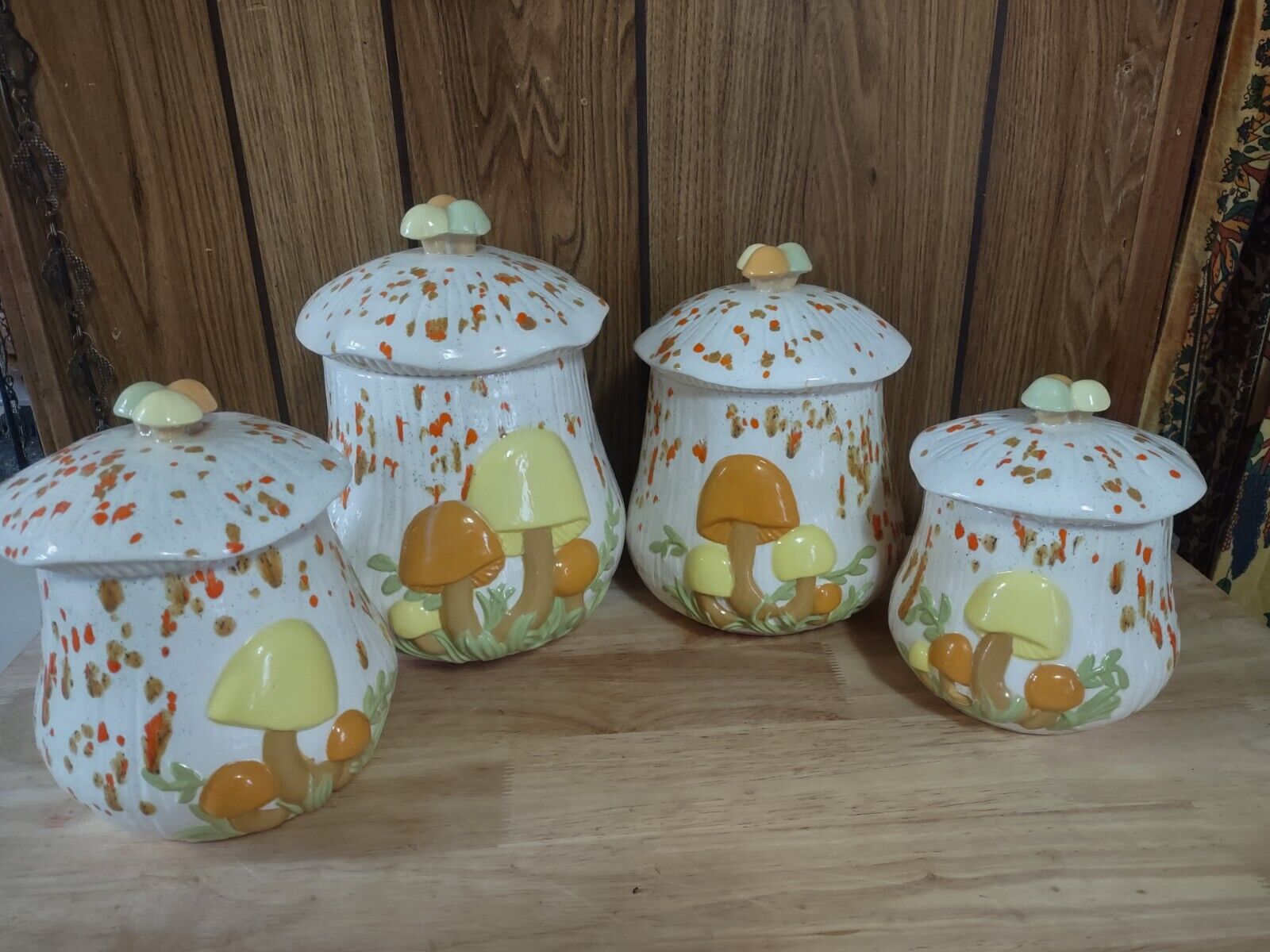 Vintage Arnel's Handmade Hand Painted Ceramic 🍄‍🟫 Mushroom Jar Canister Set 4