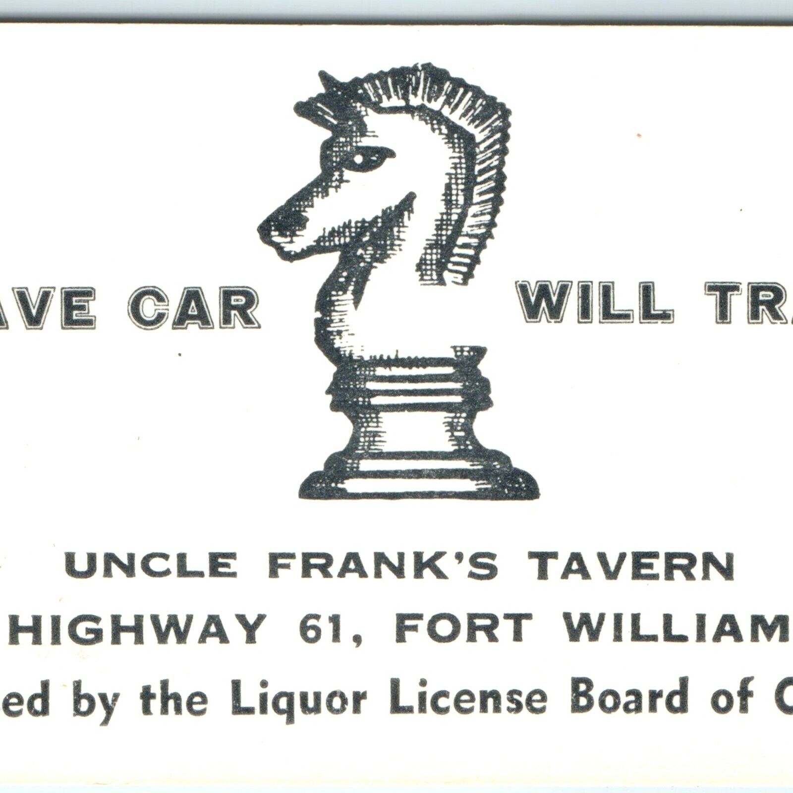 c1950s Fort William, Ontario, CA Uncle Frank\'s Tavern Business Trade Card C12