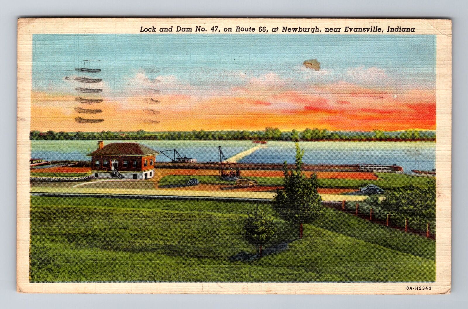 Evansville IN-Indiana, Lock And Dam Number 47, Antique, Vintage c1945 Postcard