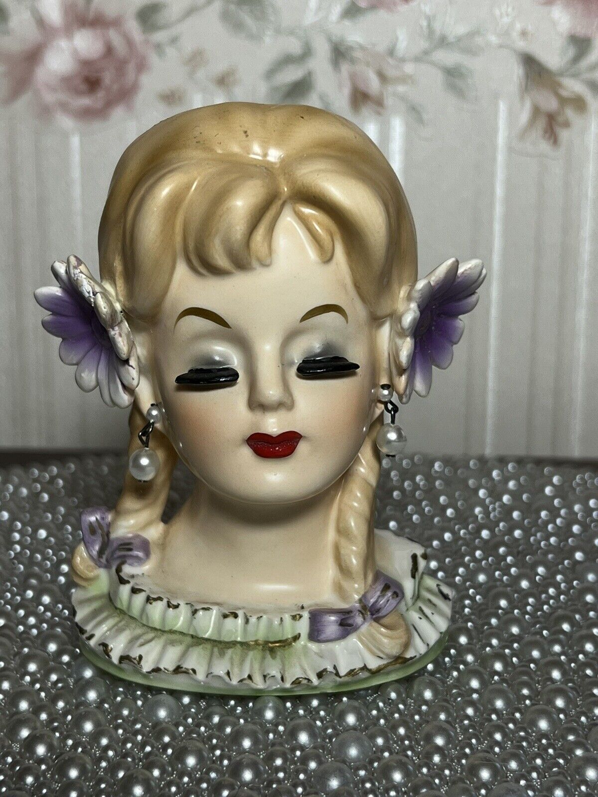 Vintage RARE TY-NEE, Swiss Miss Little Sis, Lady head Vase, Purple Flowers READ