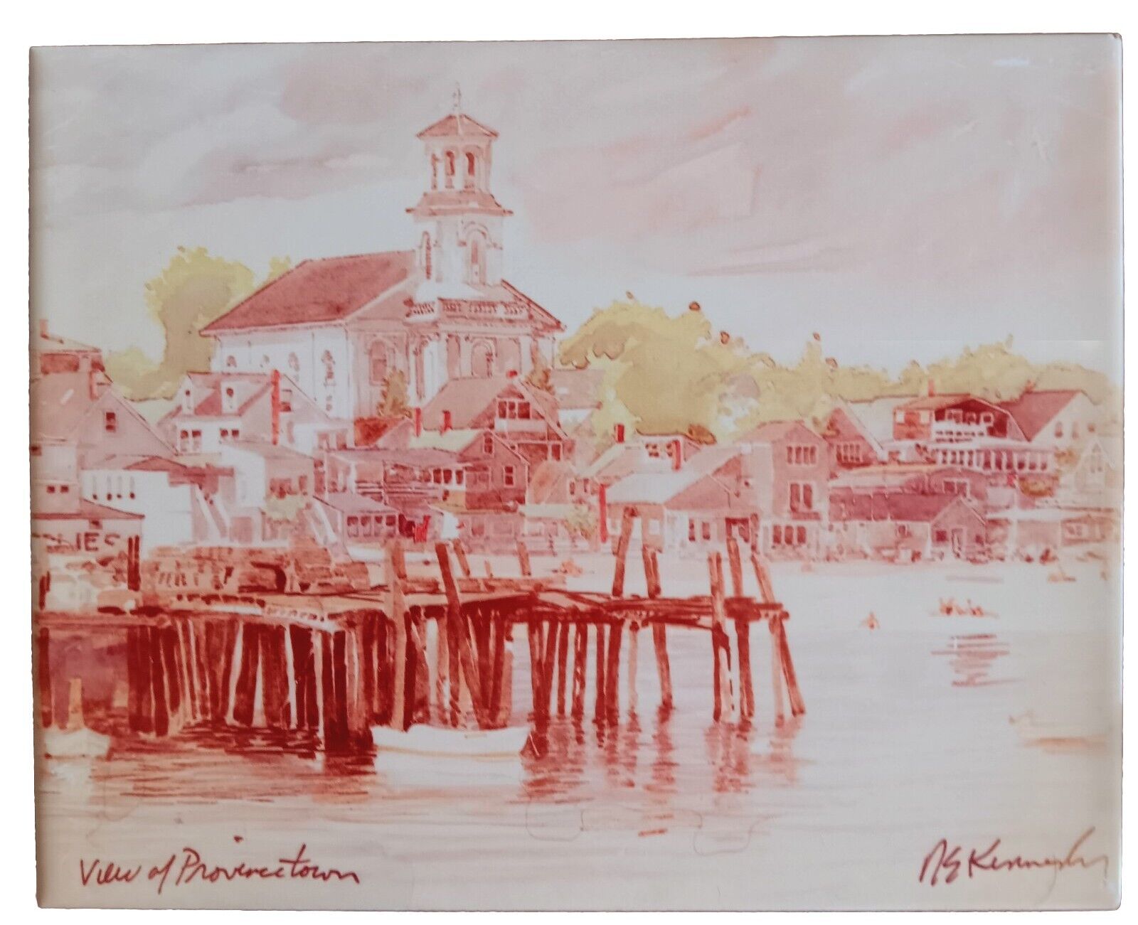 Vintage View of Provincetown Made in Spain  watercolor on Tile Kennedy Gallery 