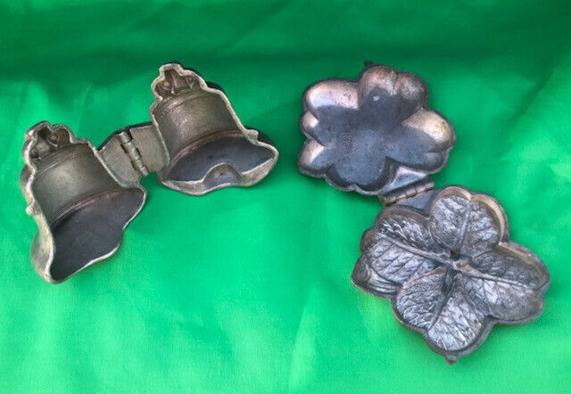 Antique pair of 1920\'s Pewter Ice Cream Chocolate Molds Bell & 4 Leaf Clover