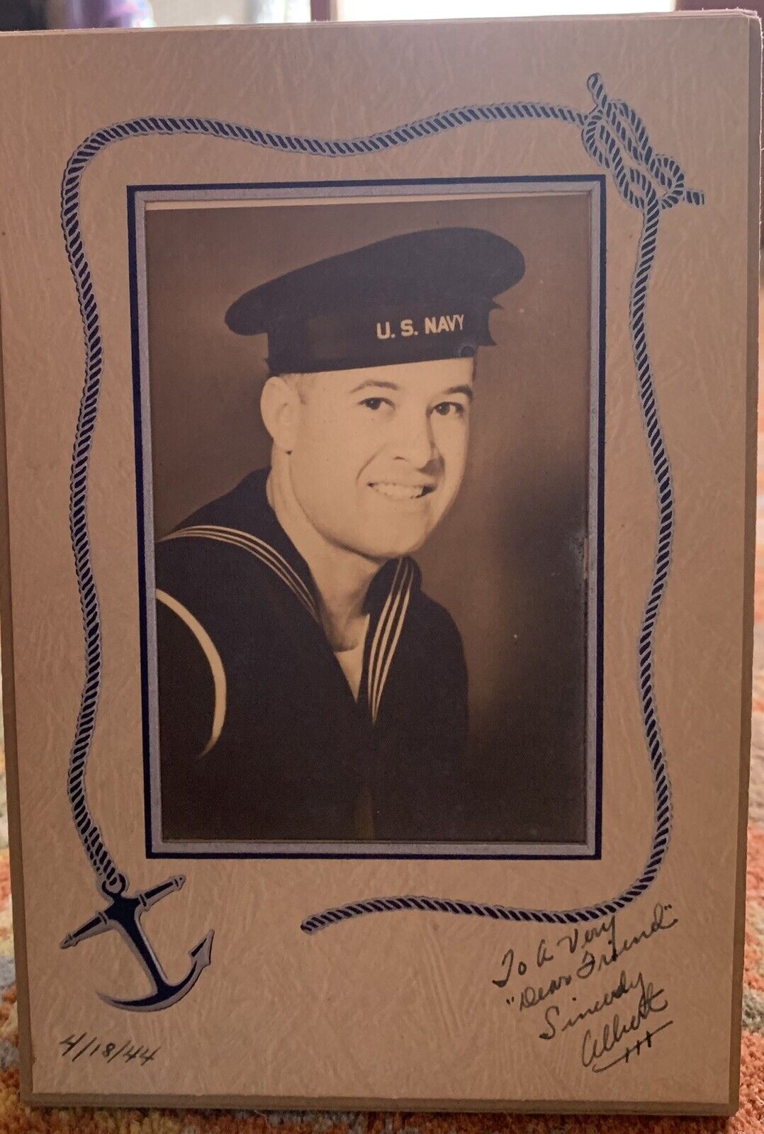 Vintage United States Navy Sailor Studio Portrait Photo 1944