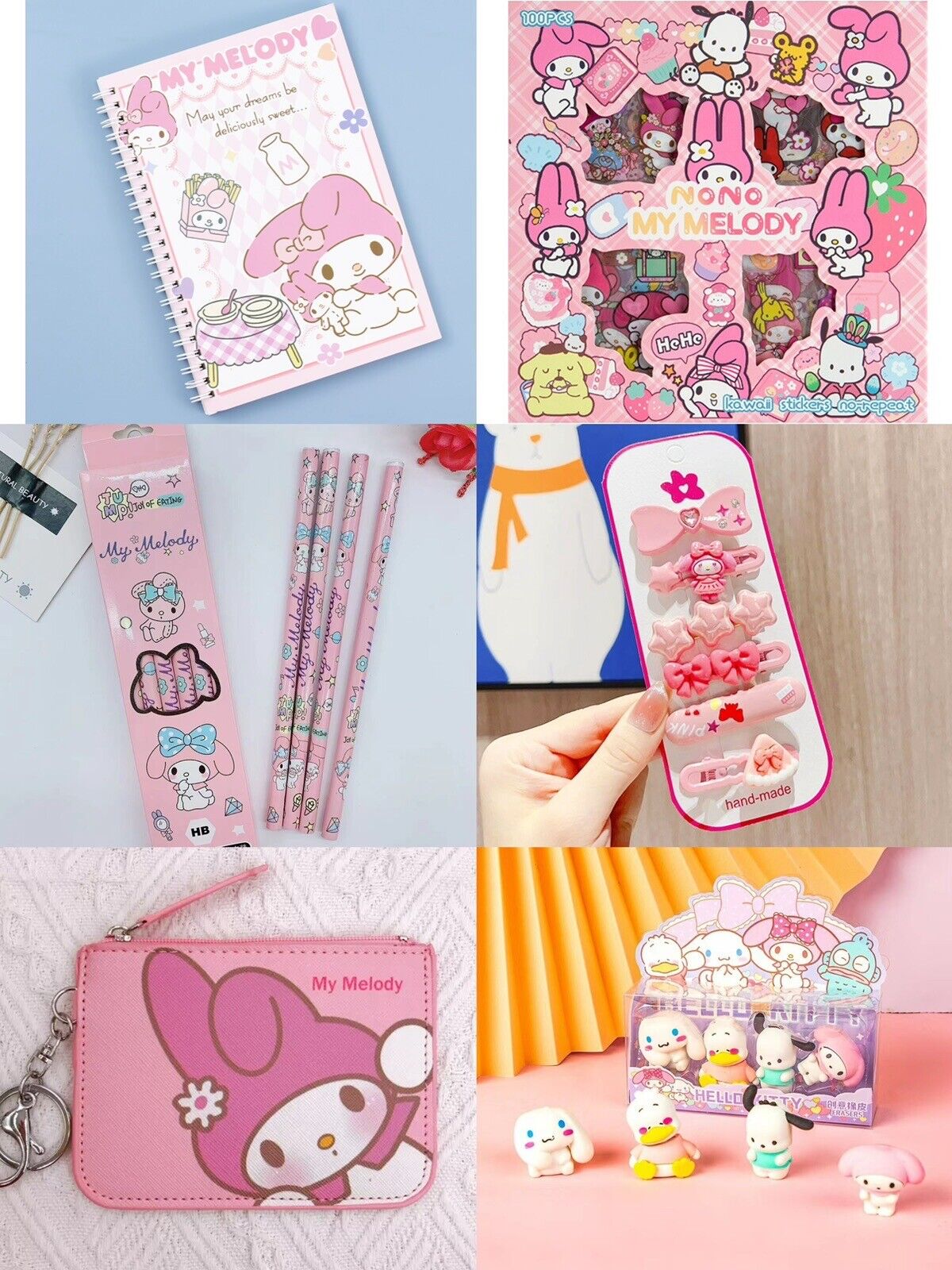 Sanrio My Melody Gift Set Sticker/Notebook/Wallet/hair Clips/Pencils/ Eraser