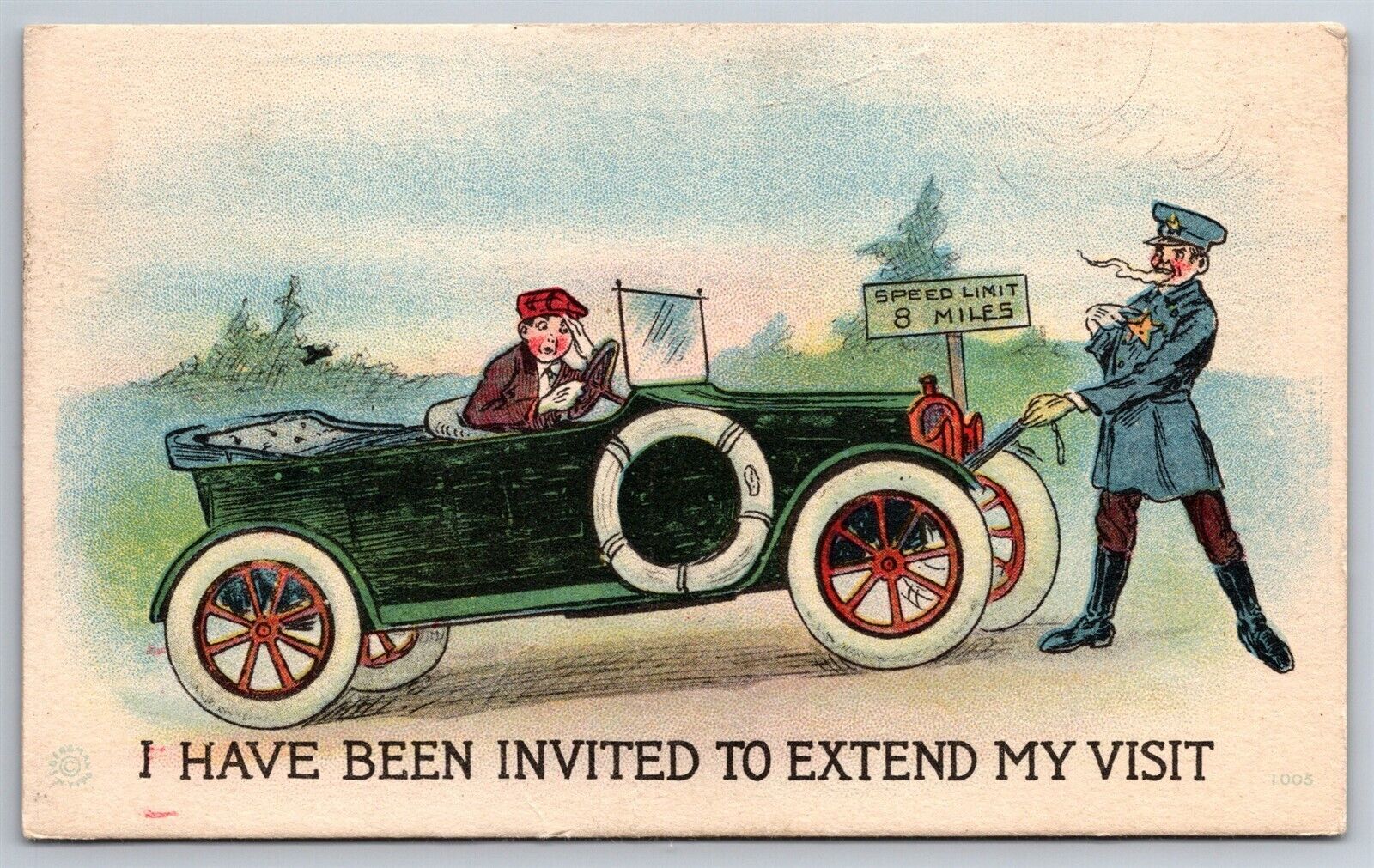 Humor Cartoon Auto Invited To Extend Visit Policeman C1910\'s Postcard N8