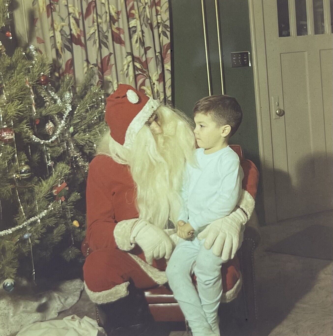 c1950s Santa Clause~Christmas Eve Boy~Tinsel Tree~120mm VTG Film Slide