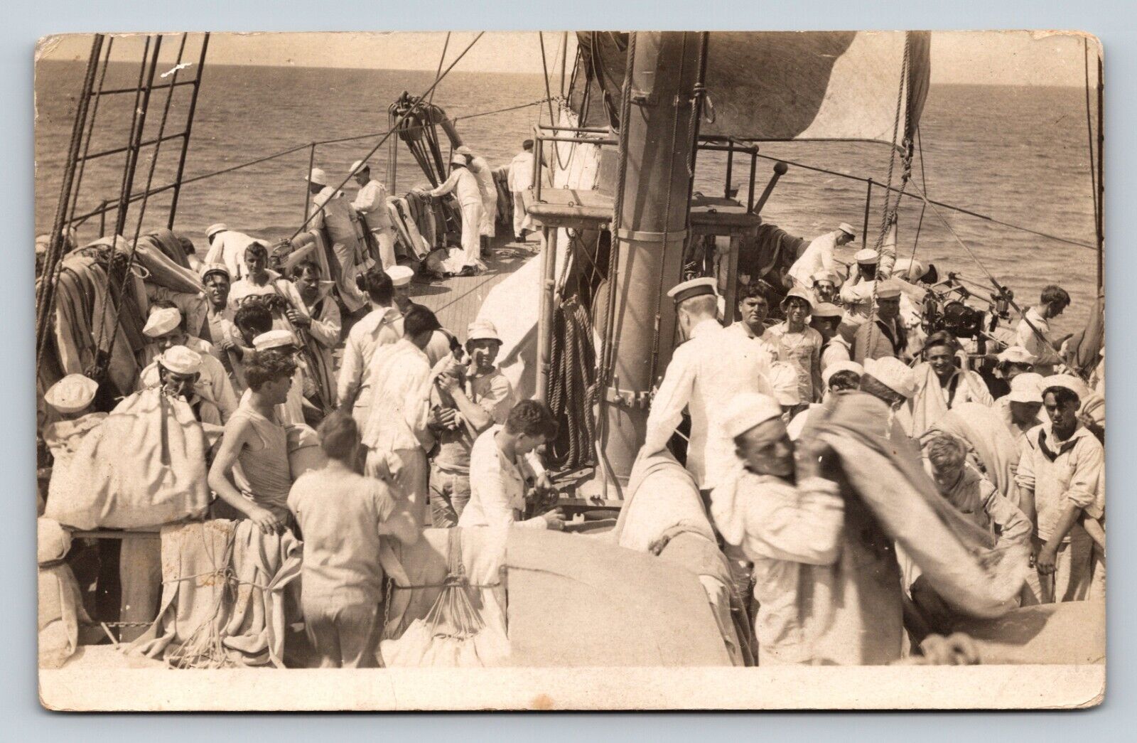 RPPC Navy Sailors Aboard Ship, Man Holds Dog RARE ANTIQUE Postcard AZO 1904-18