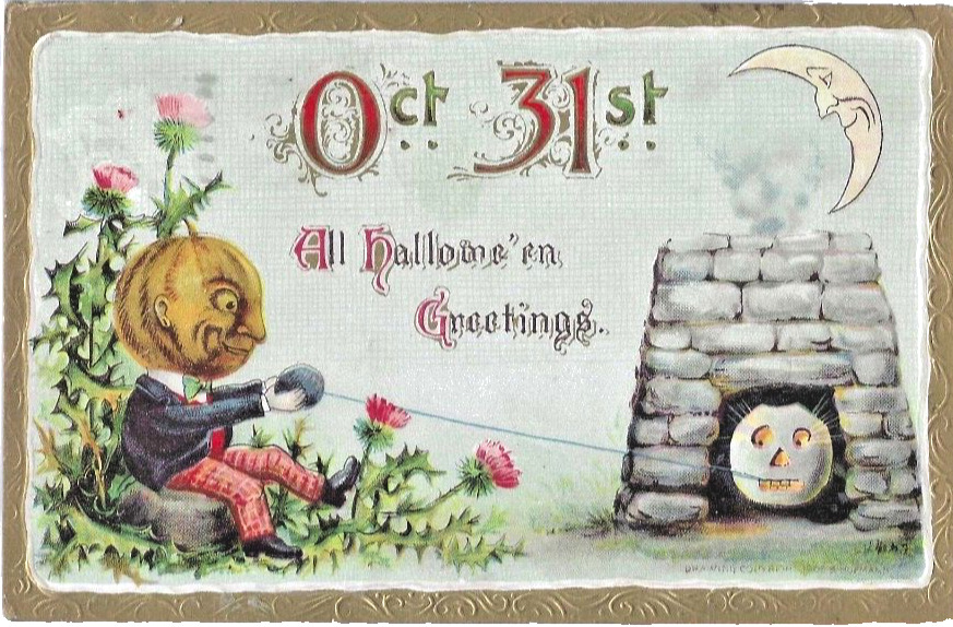 1909 Halloween Postcard Jack-O-Lantern Man Roasting Moon Series 2097 Germany