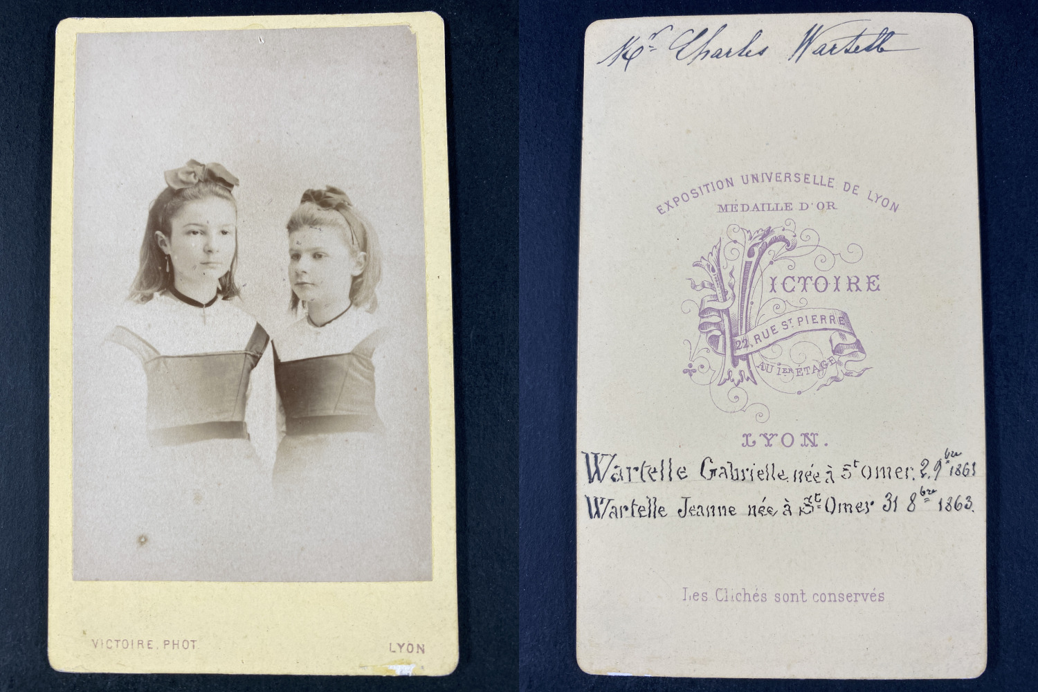 Victoire, Lyon, Gabrielle and Jeanne Wartelle July 30, 1882 Vintage cdv albumen