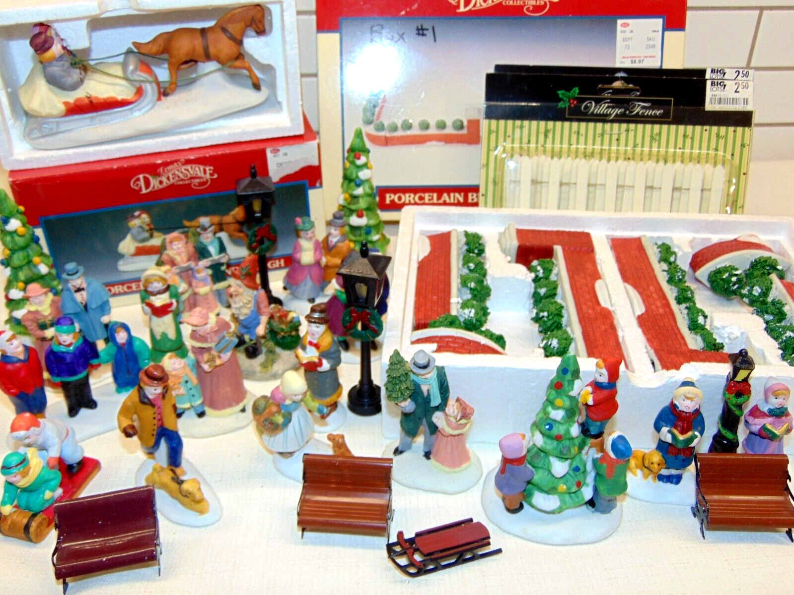 Lot -Lemax Christmas Village figures, horse & sleigh, brick wall, fences & acces