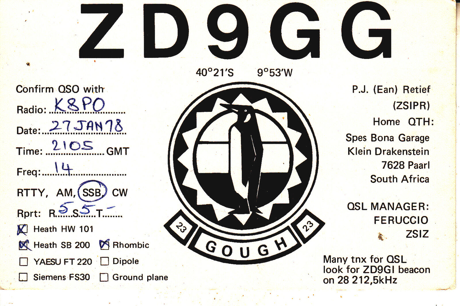 ZD9GG QSL Card--Gough Island--1978