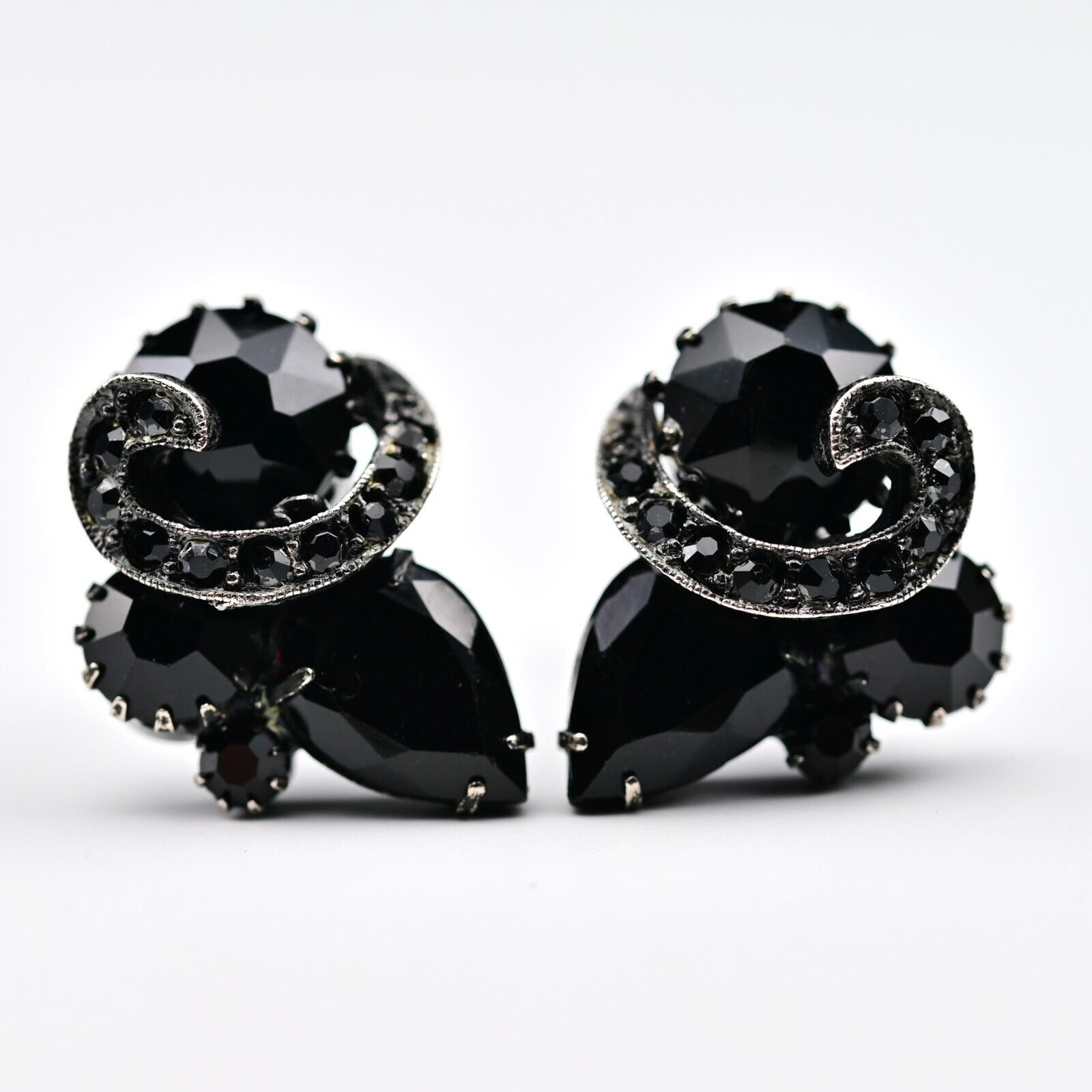 Vintage Original Designer Black Onyx Marcasite Zircon Rhinestone Estate Earrings