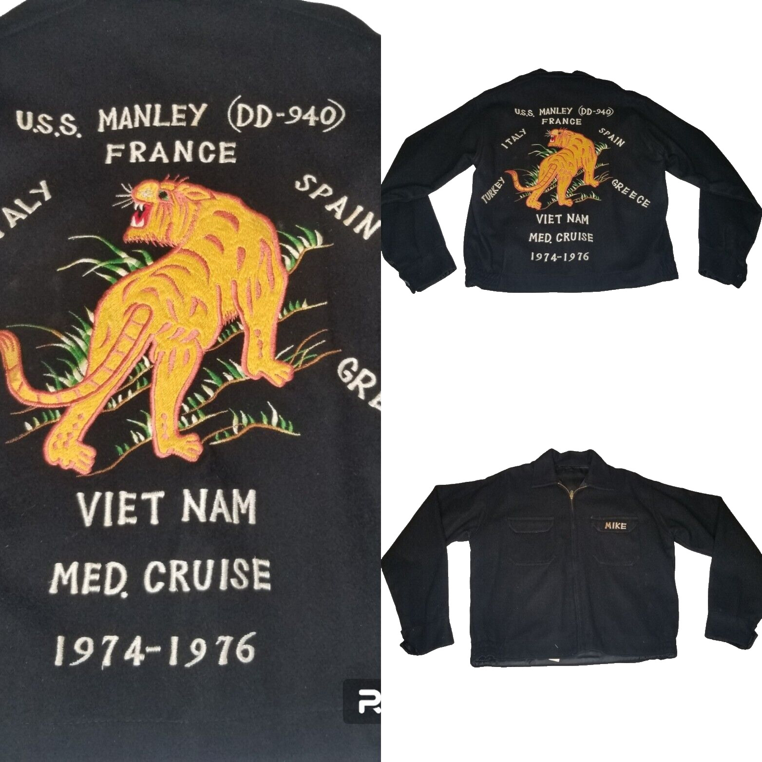 Vtg 70s Vietnam Souvenir Tour Cruise Jacket Tiger USS Manley Italy France S/M