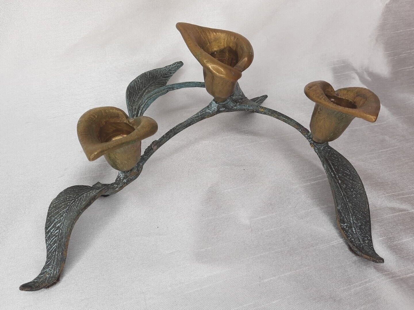 Vintage Brass Cast Iron Calla Lilly Three Tapered Candle Holder