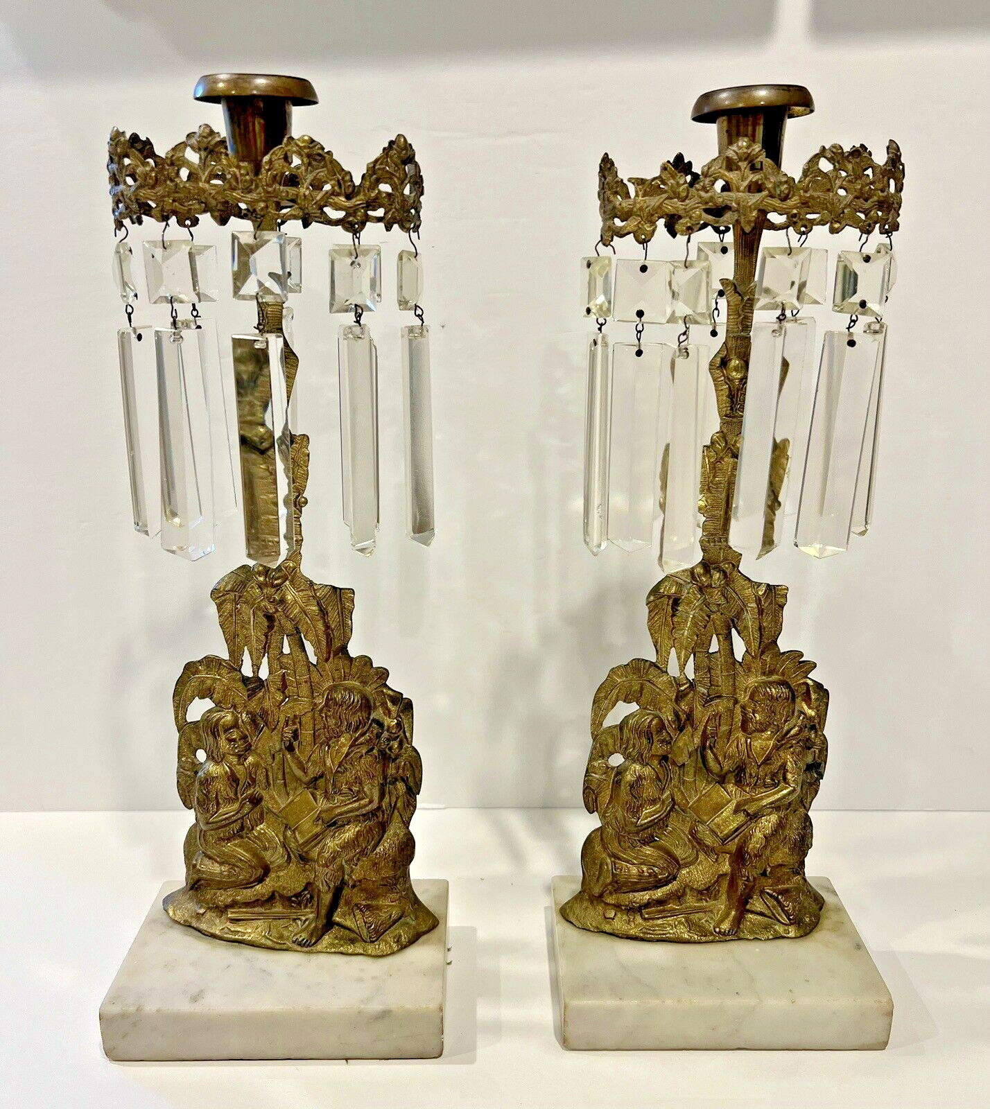 Pair of Antique Victorian Bronze Marble Crystal Girandole Candle Holders