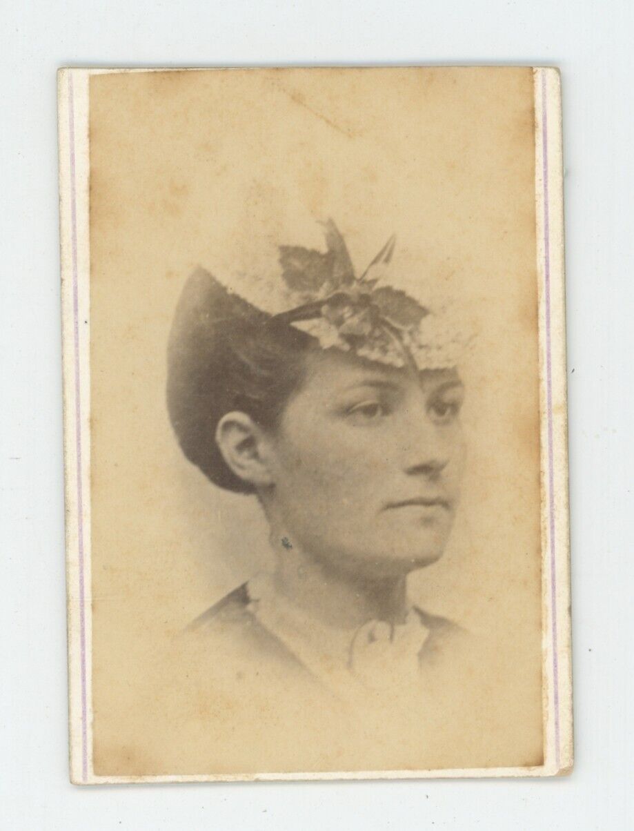 Antique Trimmed CDV Circa 1870s Beautiful Woman Wearing Gorgeous Ornate Hat