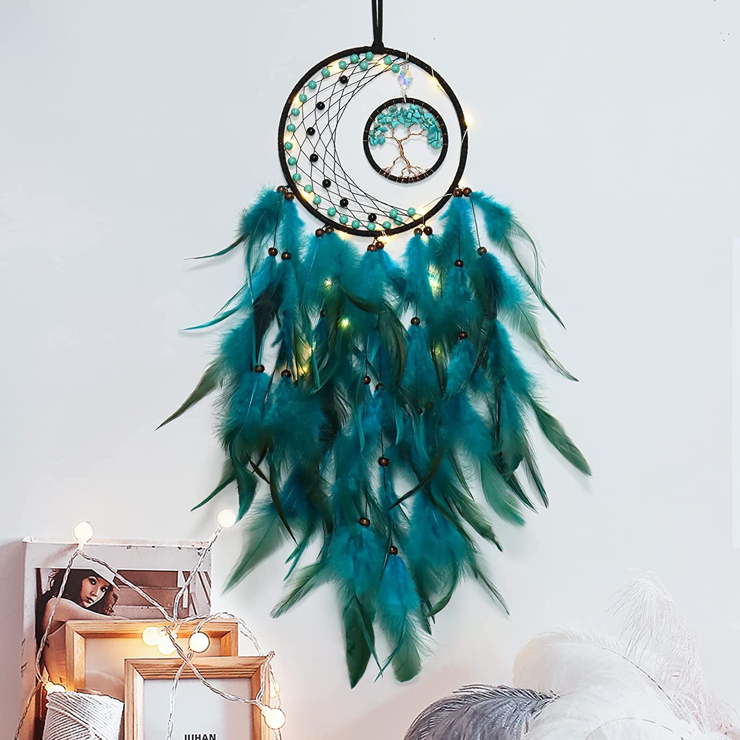 LED Dream Catcher Light up Tree of Life Dreamcatcher with Healing Crystal Stone 