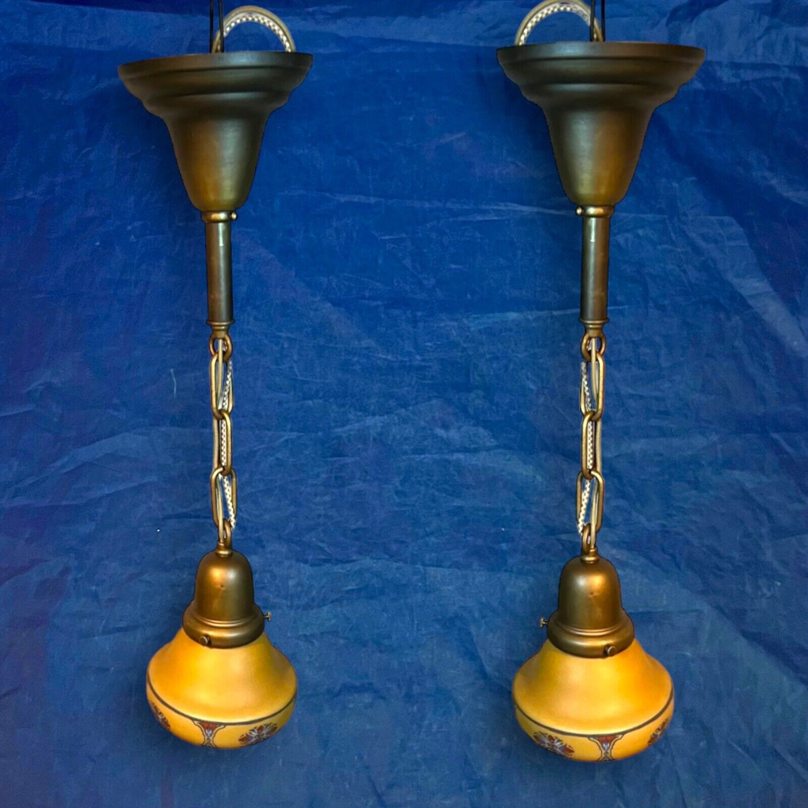 Wired Pair Brass Pendant Light Fixtures antique rare shades 40F