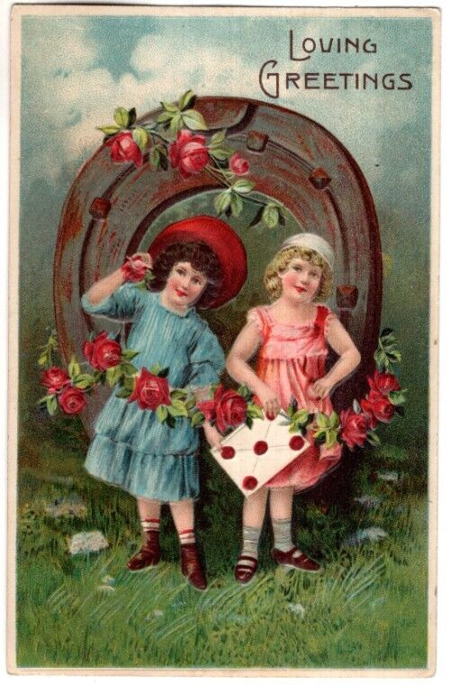 ANTIQUE EMBOSSED LOVING GREETINGS Postcard  TWO YOUNG GIRLS, HORSESHOE, ROSES
