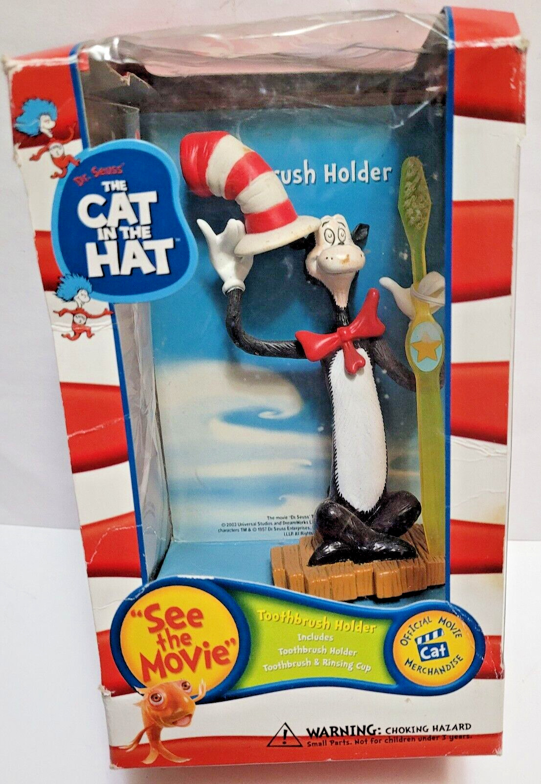 VINTAGE DR. SUESS CAT IN THE HAT TOOTHBRUSH HOLDER AND TOOTHBRUSH W/BOX