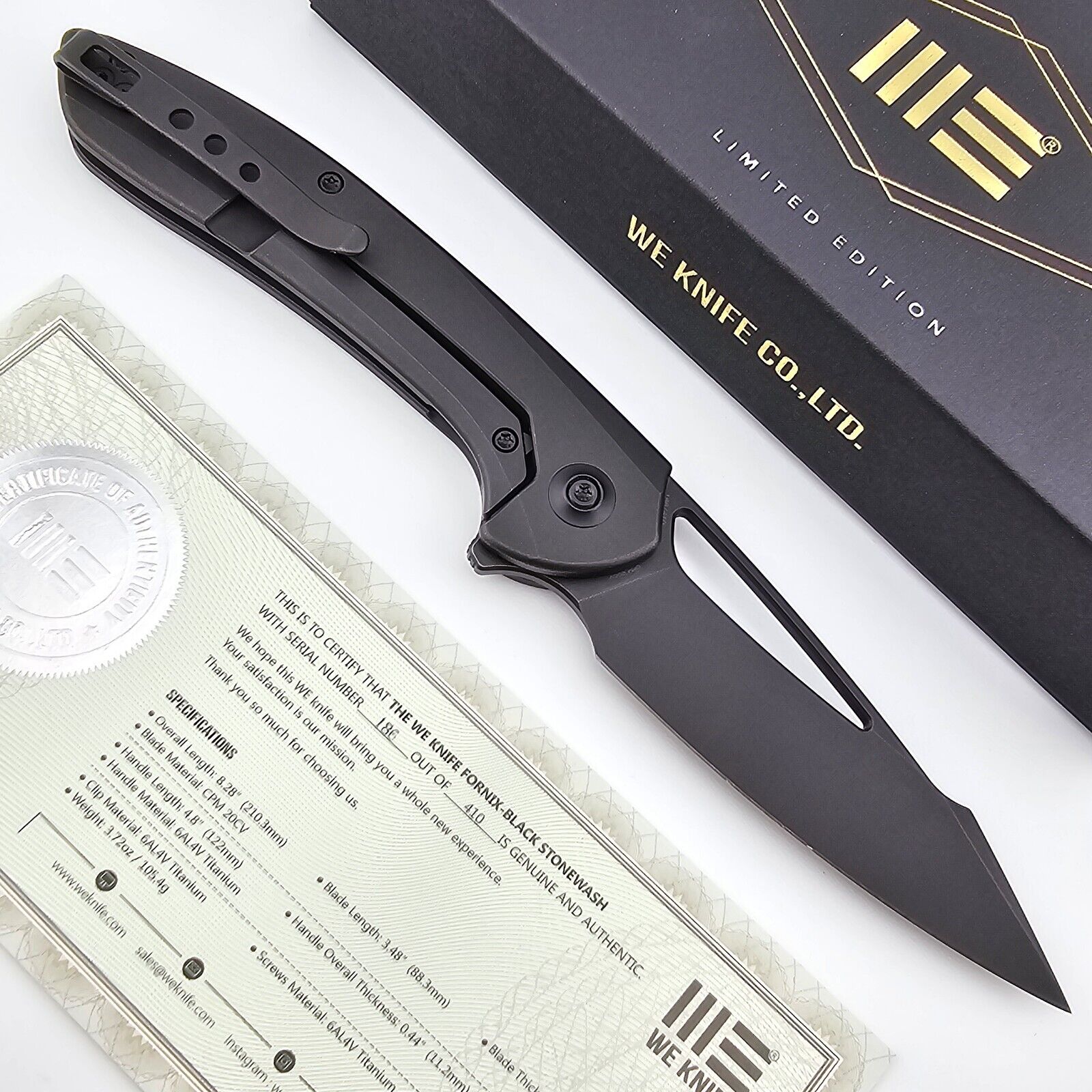 We Knife Co Fornix Folding Knife Black Titanium Handles Black 20CV Blade 2016B