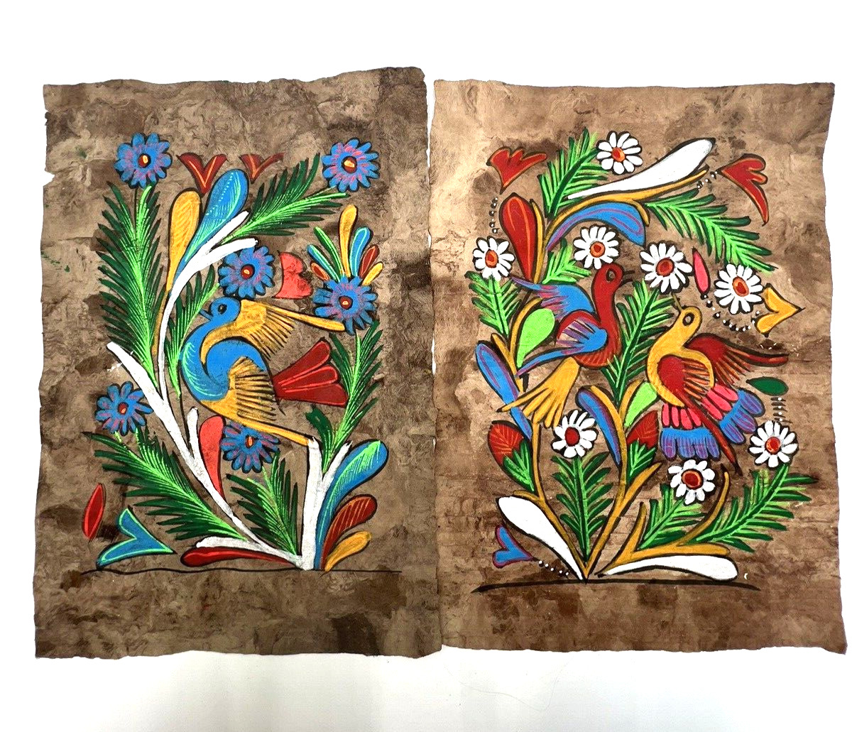 Lot of 2 Vintage Mexican Amate Bark Painting Hand Painted Folk Art Bird Flowers