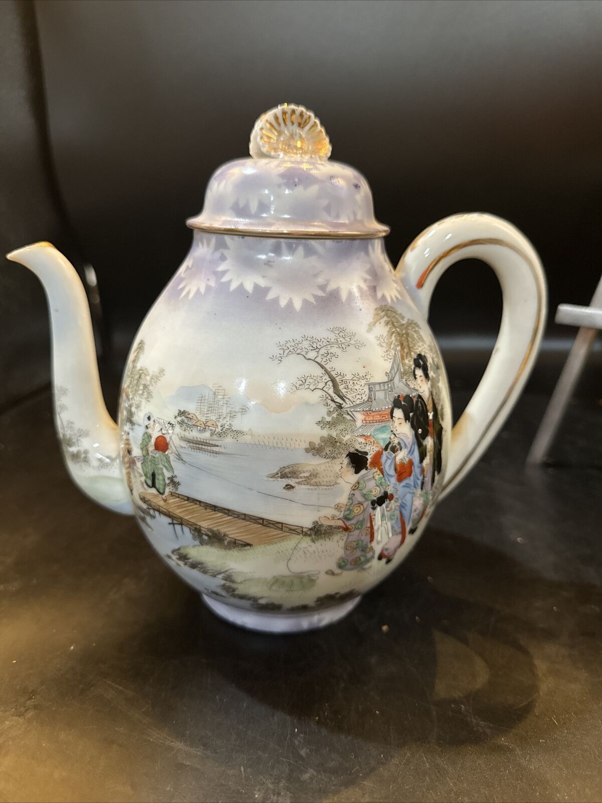antique meiji kutani Geisha Imagery Porcelain Large Teapot 8x8 1/2 In