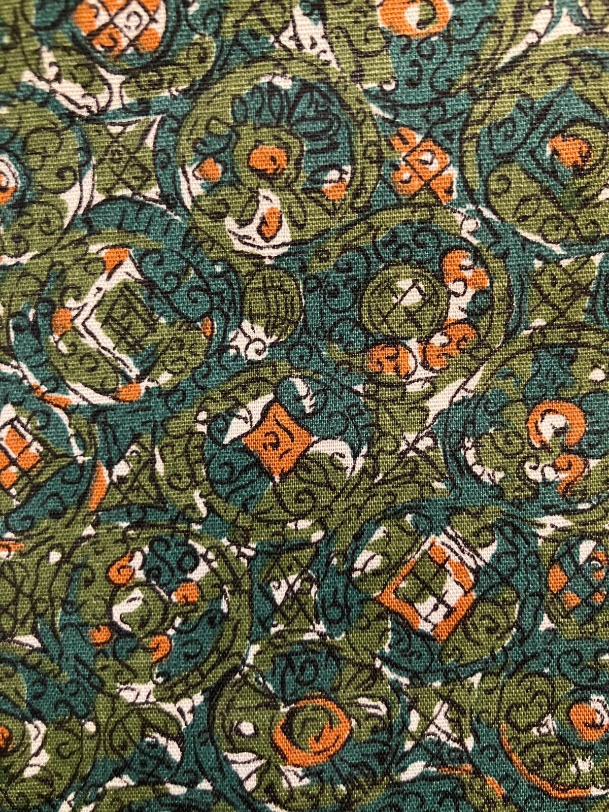 Vintage 1950s 1960s Green Brown Abstract Print Cotton Fabric 35 x 42\