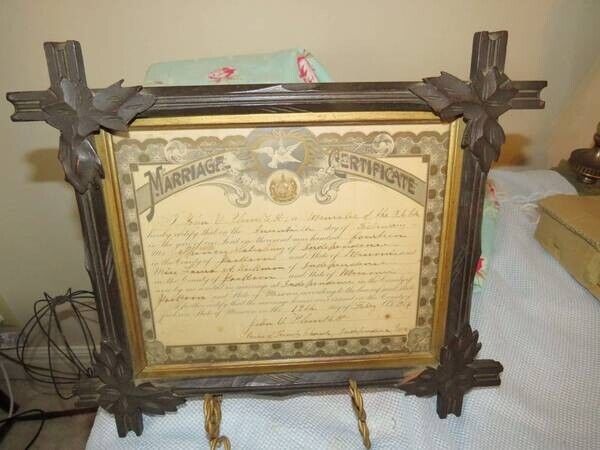 ANTIQUE VTG 8 X 10 ADIRONDACK WOOD PICTURE FRAME W/GLASS MARRIAGE LICENSE 1914